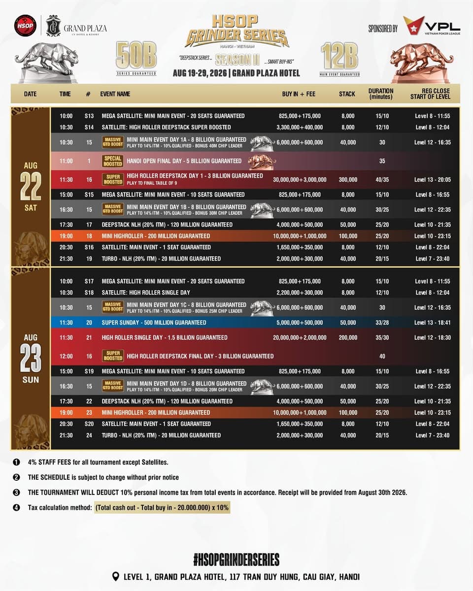 Lịch thi đấu HSOP Grinder Series II ngày 22–23/08/2026